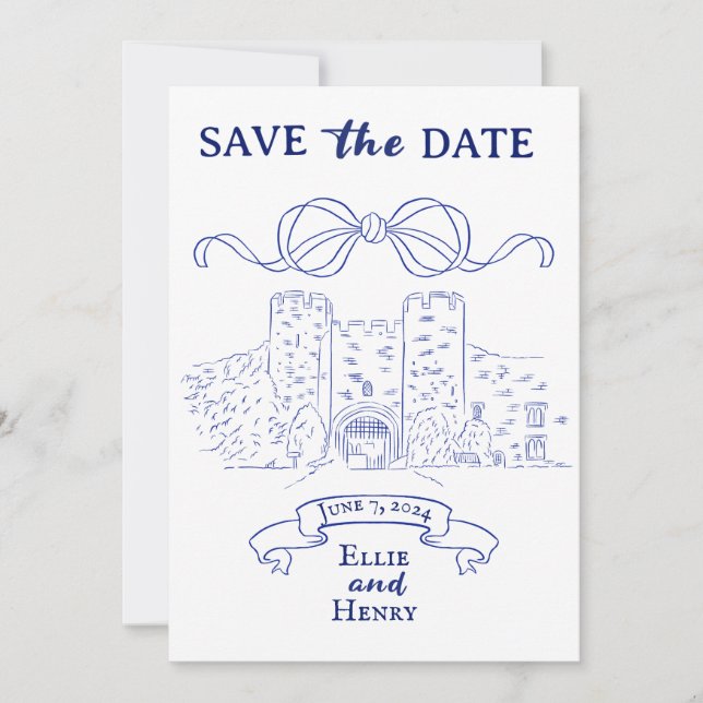 Blue Baroque Photo Castle Save the Date Invitation (Front)