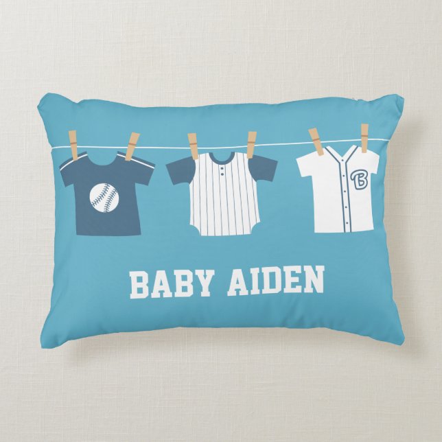 Blue Baseball Baby Boy Nursery Decor Pillow (Front)