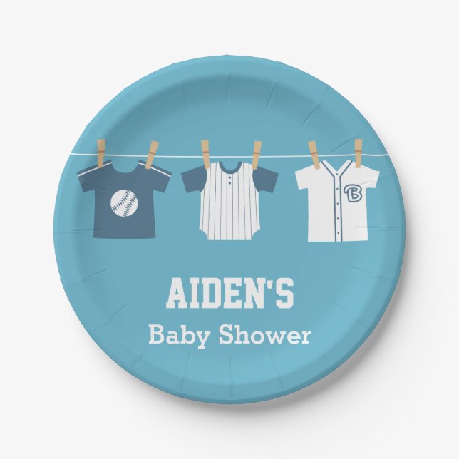 Blue Baseball Baby Boy Shower Supplies Paper Plates (Front)
