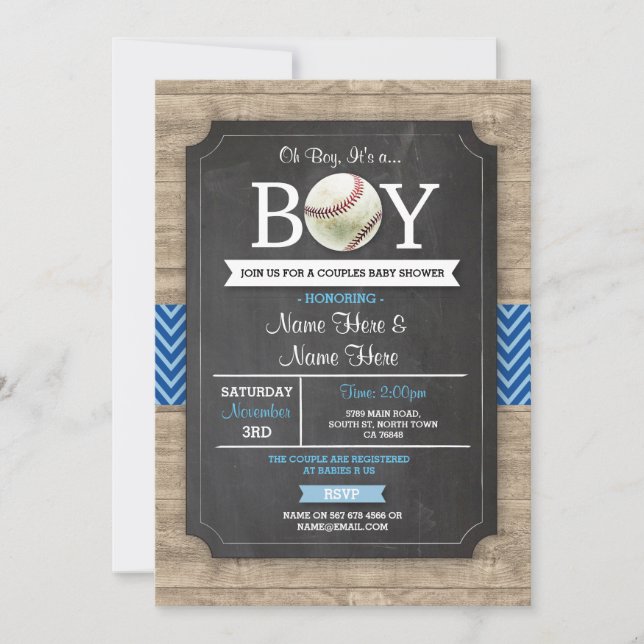 Blue Baseball Baby Shower Boy Sports Wood Invite (Front)