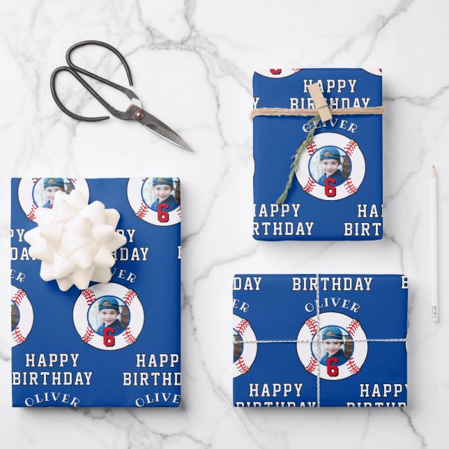 Blue Baseball Ball Kids Birthday Photo Wrapping Paper Sheets (Front)