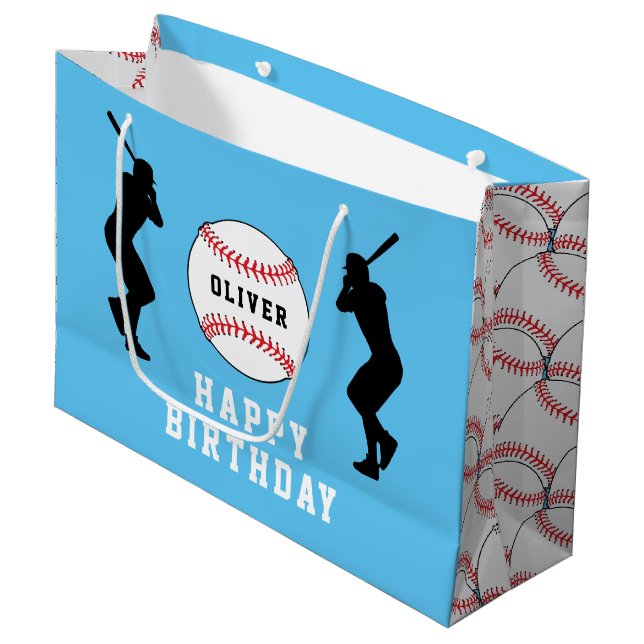 Blue Baseball Ball Player Kids Name Birthday Large Gift Bag (Front Angled)