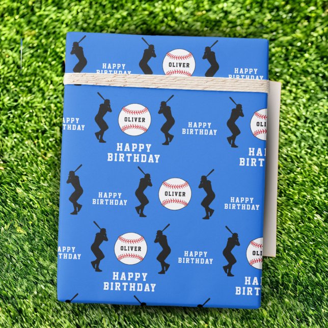 Blue Baseball Ball Player Kids Name Birthday Wrapping Paper (Creator Uploaded)