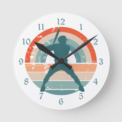 Blue Baseball Batter Retro Rainbow Round Clock