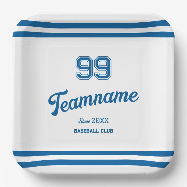 Blue Baseball Club Custom Player Number & TeamName Paper Plates (Front)