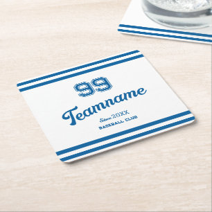 Blue Baseball Club Custom Player Number & TeamName Square Paper Coaster