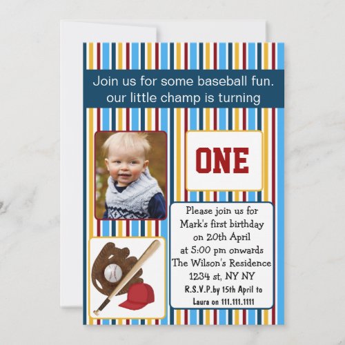 blue baseball first birthday photo invitation