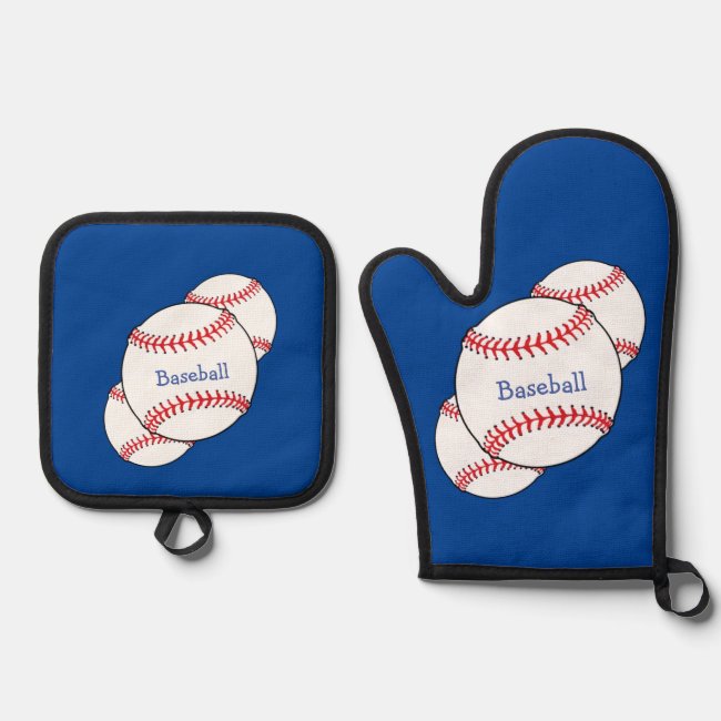 Blue Baseball Oven Mitt and Pot Holder Set