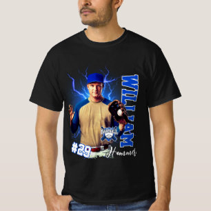 Blue Baseball Player One Photo with Name T-Shirt