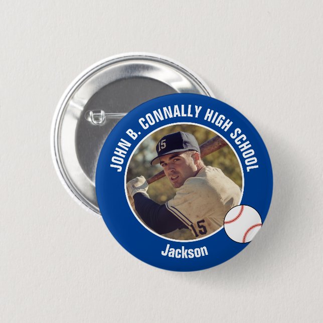 Blue Baseball Player Photo High School Spirit Button (Front & Back)