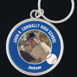 Blue Baseball Player Photo High School Spirit Keychain<br><div class="desc">This cool customized high school baseball player photo gift features white typography of your team and player name on a blue keychain with a ball. Personalize with your student's photograph and class year as a proud sports parent for a great commemorative keepsake.</div>