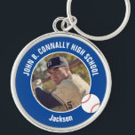 Blue Baseball Player Photo High School Spirit Keychain<br><div class="desc">This cool customized high school baseball player photo gift features white typography of your team and player name on a blue keychain with a ball. Personalize with your student's photograph and class year as a proud sports parent for a great commemorative keepsake.</div>
