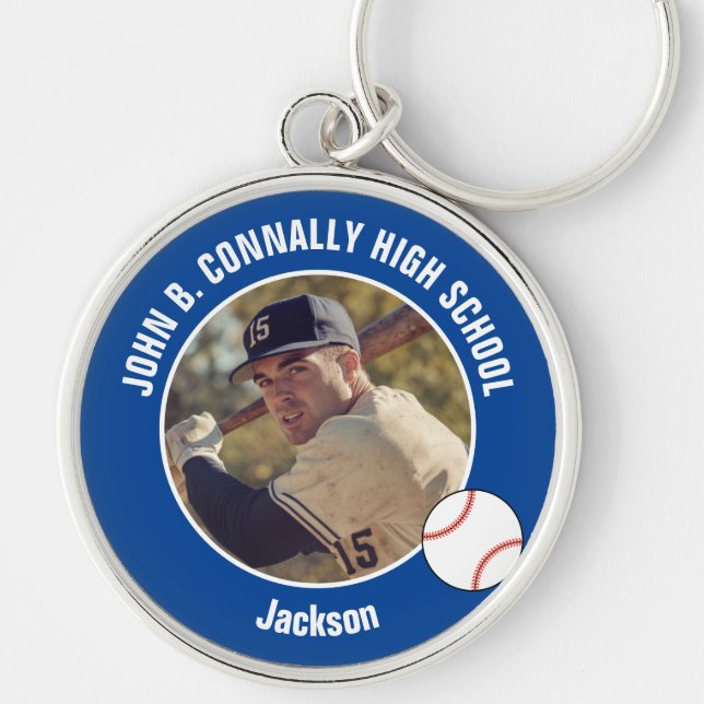 Blue Baseball Player Photo High School Spirit Keychain (Front)