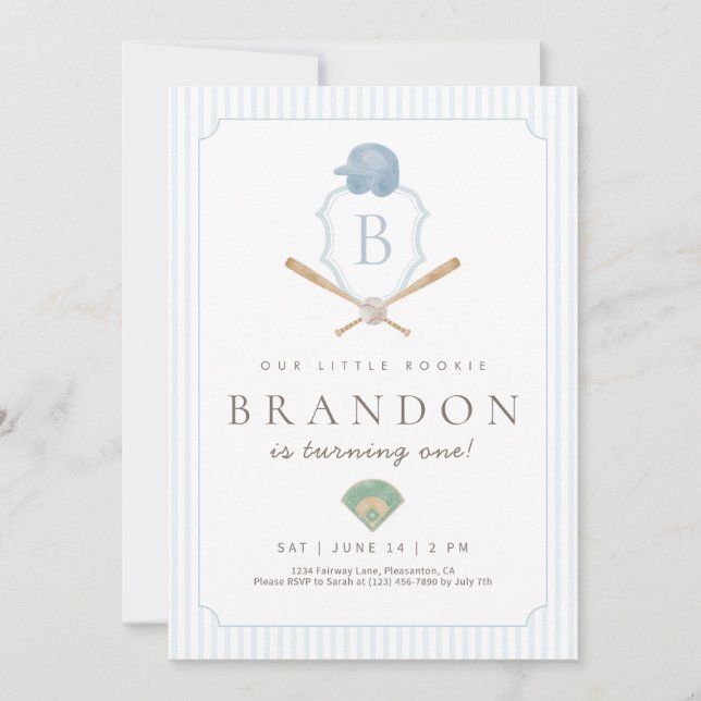 Blue Baseball Preppy Crest First Birthday invite (Front)