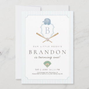Blue Baseball Preppy Crest First Birthday invite