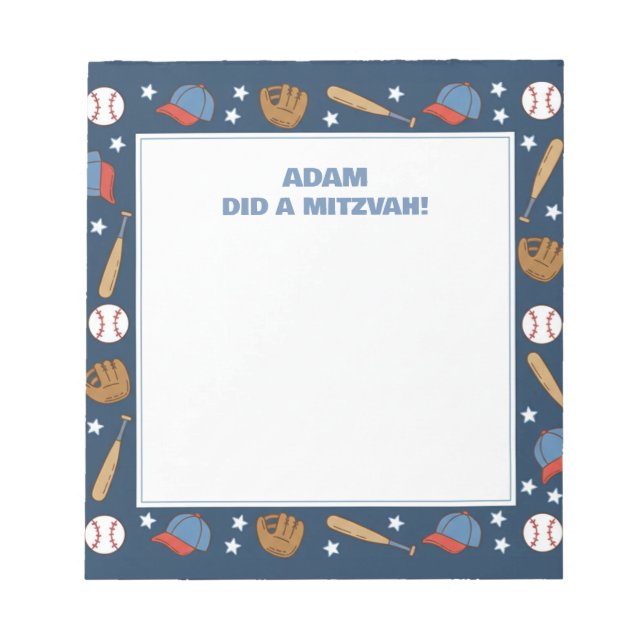 Blue Baseball Sport Theme Personalized Mitzvah  Notepad (Front)