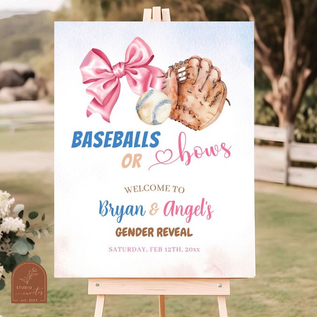 Blue Baseballs and Pink Bows Gender Reveal Welcome Poster (Creator Uploaded)