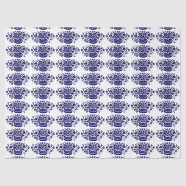 Blue Basket of Flowers Woodcut Artwork Tissue Paper (Front)