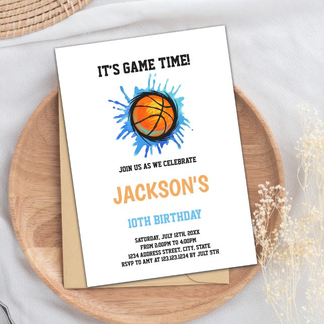 Blue Basketball Art Birthday Invitation (Basketball Blue Art Birthday Invitations)