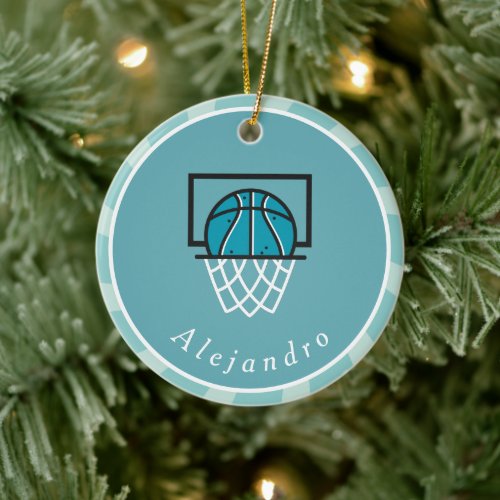 Blue Basketball Ball  Basket Players Name Coach Ceramic Ornament
