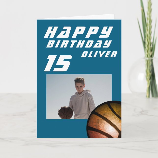 Blue Basketball Ball Boy Photo Happy Birthday  Card (Front)