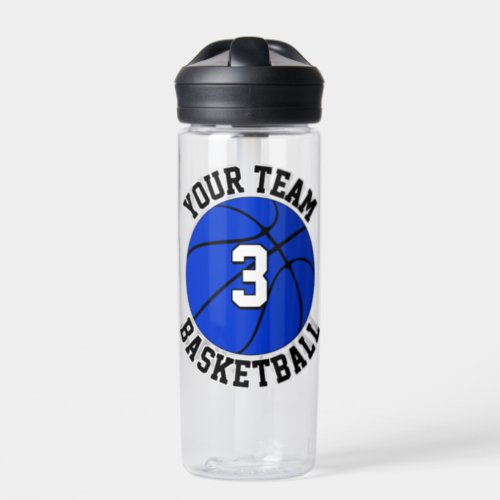 Blue Basketball Player Custom Team Name and Number Water Bottle