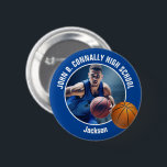 Blue Basketball Player Photo High School Spirit Button<br><div class="desc">This cool customized high school basketball player photo gift features white typography of your team and player name on a blue button with a ball. Personalize with your student's photograph and class year as a proud sports parent. A mom and dad can wear these buttons to sports games.</div>