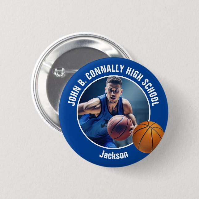 Blue Basketball Player Photo High School Spirit Button (Front & Back)