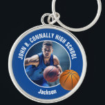 Blue Basketball Player Photo High School Spirit Keychain<br><div class="desc">This cool customized high school basketball player photo gift features white typography of your team and player name on a blue keychain with a ball. Personalize with your student's photograph and class year as a proud sports parent. A great present for mom and dad.</div>