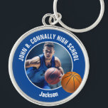 Blue Basketball Player Photo High School Spirit Keychain<br><div class="desc">This cool customized high school basketball player photo gift features white typography of your team and player name on a blue keychain with a ball. Personalize with your student's photograph and class year as a proud sports parent. A great present for mom and dad.</div>