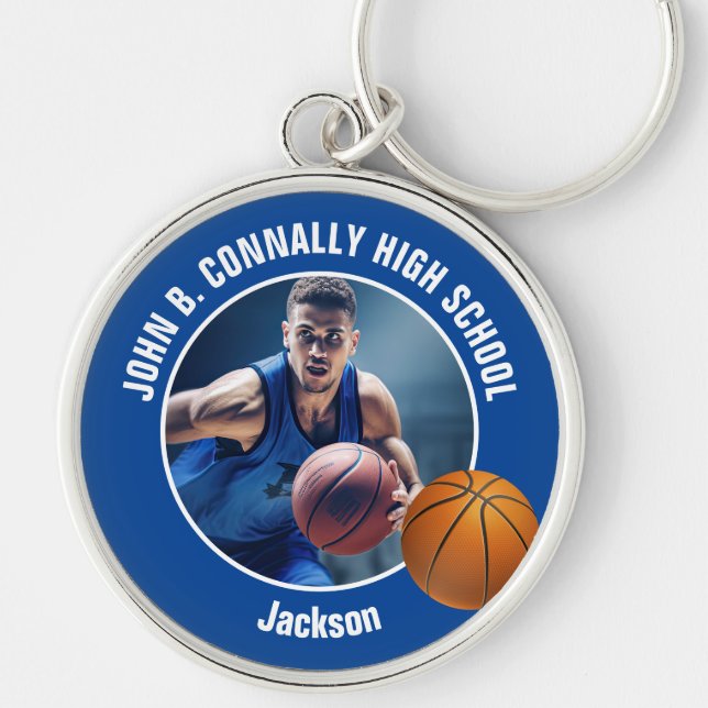 Blue Basketball Player Photo High School Spirit Keychain (Front)