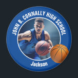 Blue Basketball Player Photo Keepsake Gift Magnet<br><div class="desc">This cool customized high school basketball player photo gift features white typography of your team and player name on a blue magnet with a ball. Personalize with your student's photograph and class year as a proud sports parent.</div>