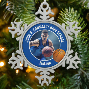 Blue Basketball Player Photo Keepsake Gift Snowflake Pewter Christmas Ornament