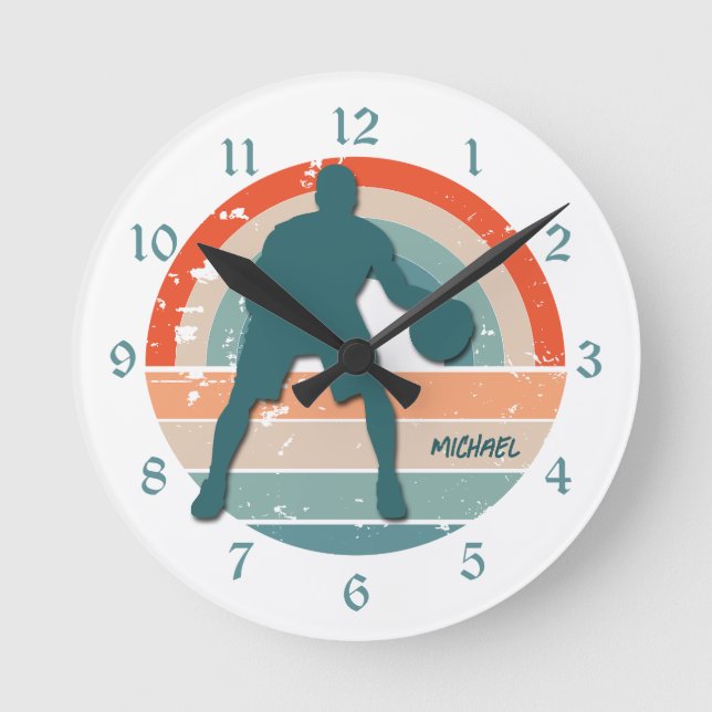 Blue Basketball Player Retro Rainbow Round Clock (Front)