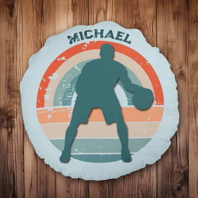 Blue Basketball Player Retro Rainbow Round Pillow (Creator Uploaded)