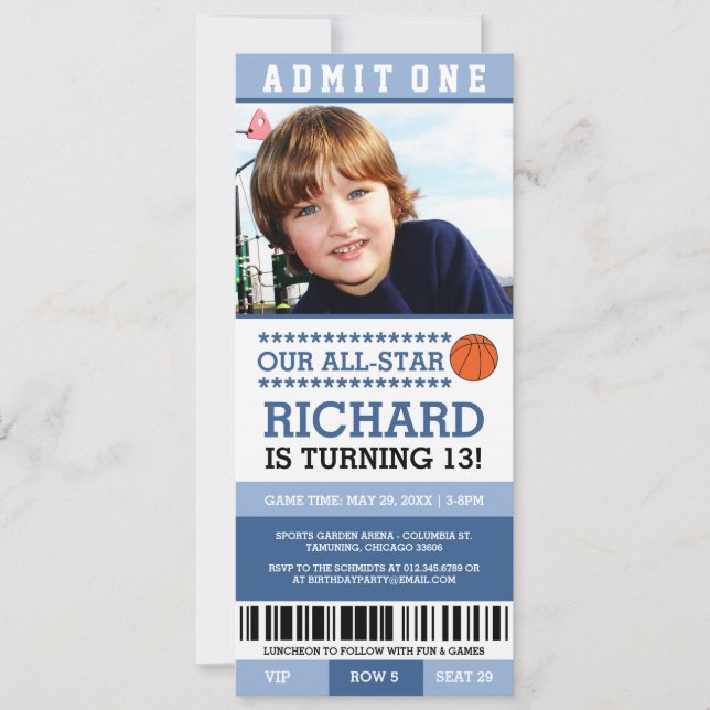 Blue Basketball Ticket Birthday Invites (Front)