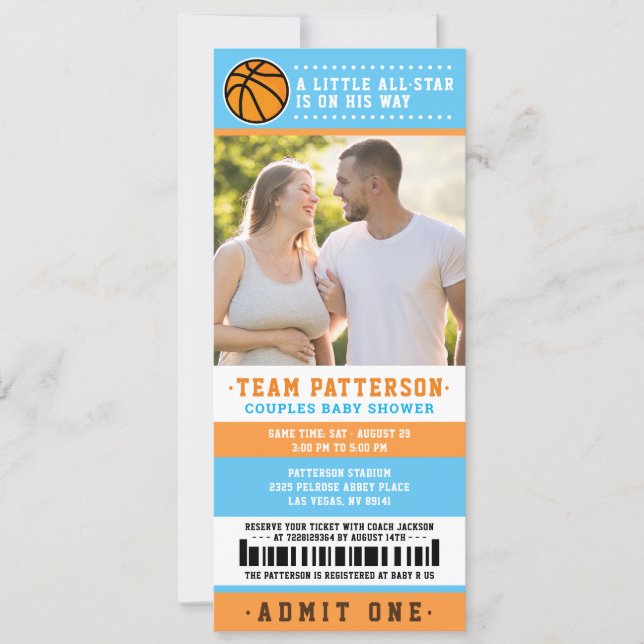 blue Basketball Ticket Couples Baby Shower Photo Invitation (Front)