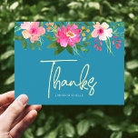Blue Bat Mitzvah Chic Floral Gold Script Thank You Postcard<br><div class="desc">Make sure your favorite Bat Mitzvah shows her appreciation to all who supported her milestone event! Send out this sophisticated, personalized thank you postcard! A stunning, pink and peach floral watercolor with faux gold foil script typography and modern white sans serif type overlay a dusty turquoise teal blue background. A...</div>
