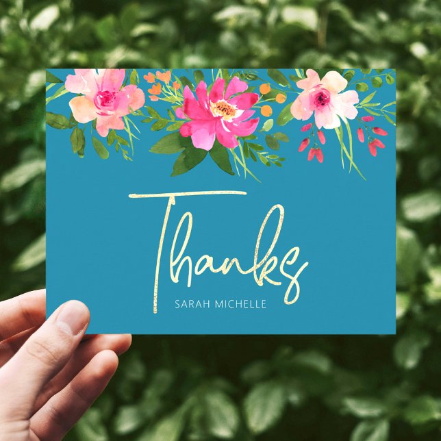 Blue Bat Mitzvah Chic Floral Gold Script Thank You Postcard (Creator Uploaded)