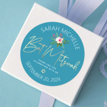 Blue Bat Mitzvah Floral Watercolor Gold Script