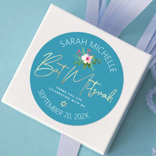 Blue Bat Mitzvah Floral Watercolor Gold Script Classic Round Sticker