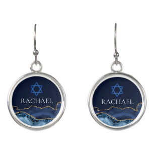 Blue Bat Mitzvah Star of David Jewish Customized Earrings