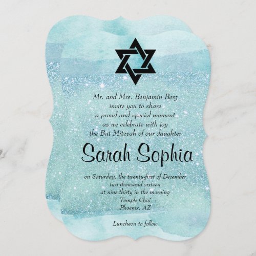 Blue Bat Mitzvah Watercolor Turquoise Glitter Invitation