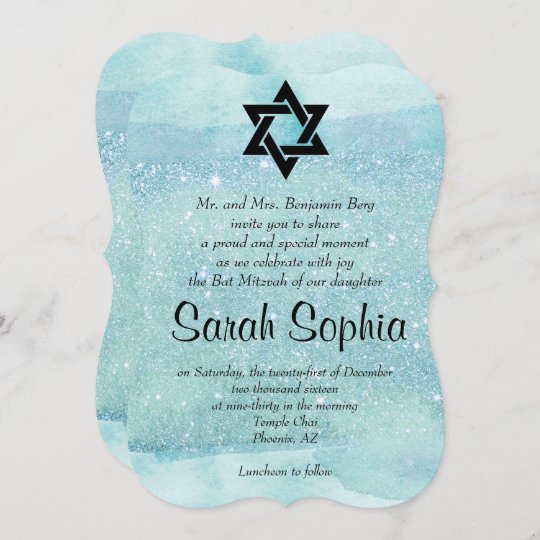 Blue Bat Mitzvah, Watercolor, Turquoise, Glitter Invitation | Zazzle.com