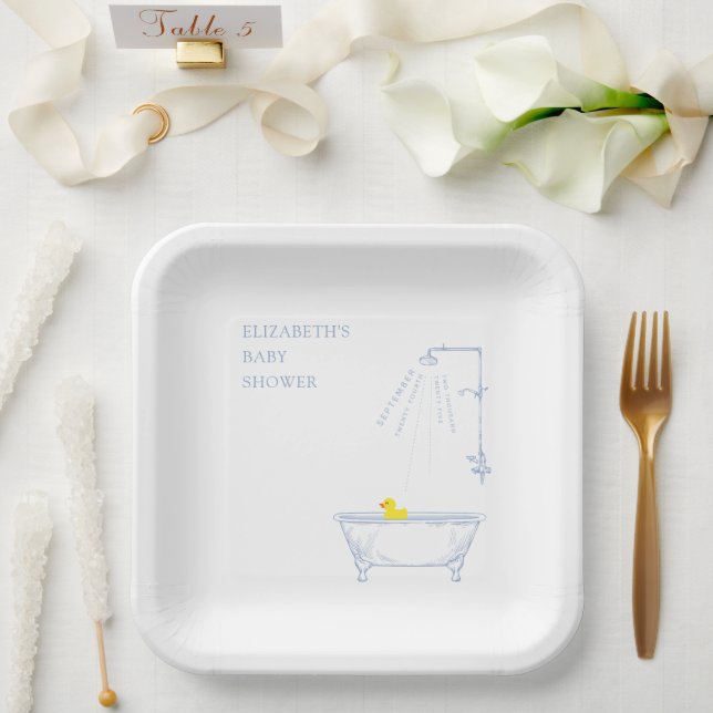 Blue Bathtub Yellow Duck Baby Shower Welcome Paper Plates (Wedding)