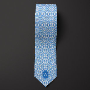 Blue Batik Botanical Floral Monogram Neck Tie