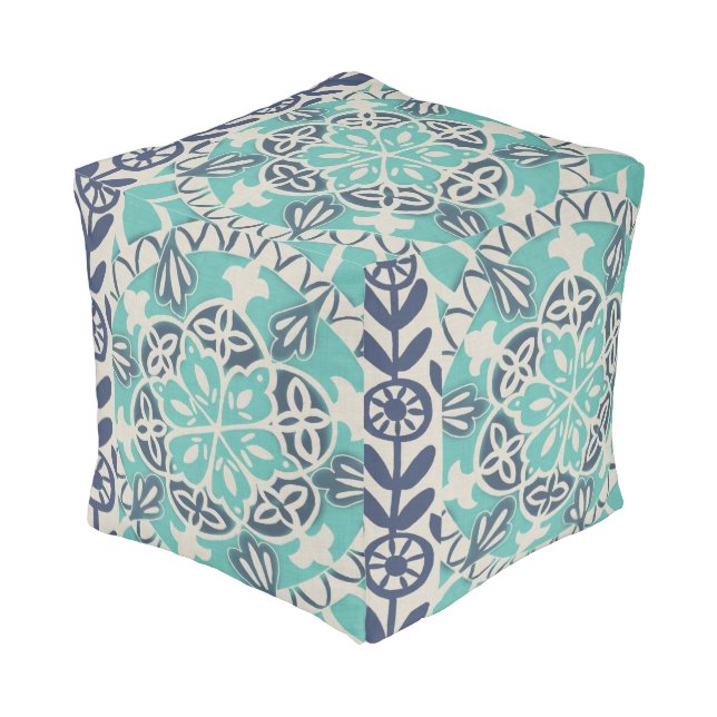 Blue Batik Tile I Pouf (Angled Front)