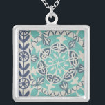 Blue Batik Tile I Silver Plated Necklace<br><div class="desc">Floral</div>