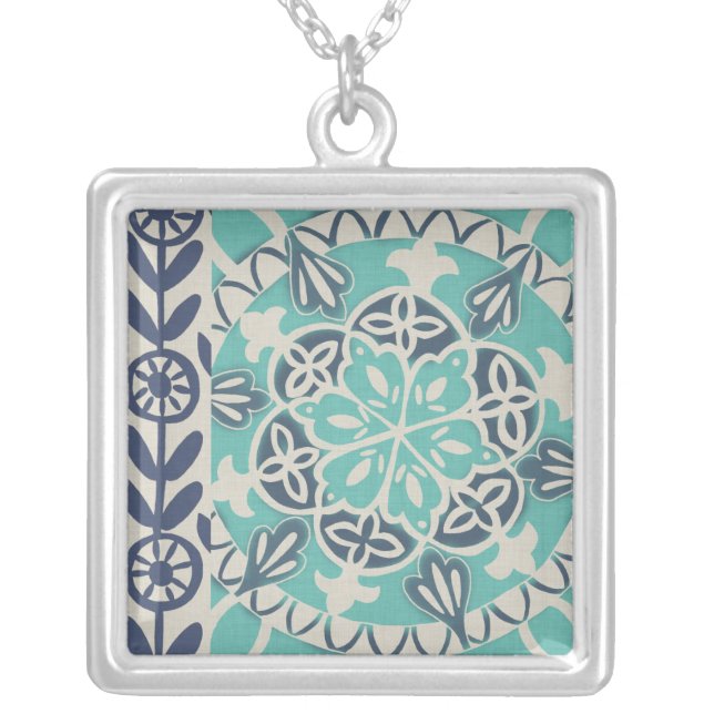 Blue Batik Tile I Silver Plated Necklace (Front)