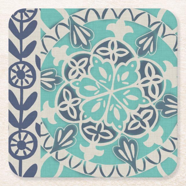 Blue Batik Tile I Square Paper Coaster (Front)
